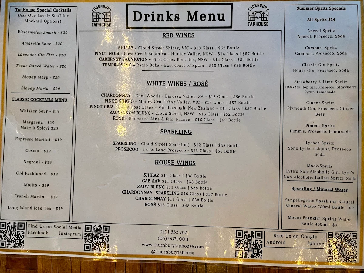 Menu, Thornbury Taphouse