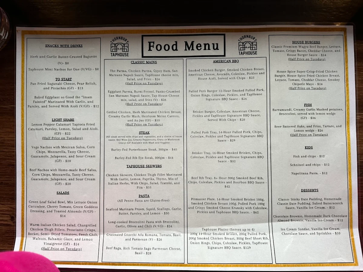 Menu, Thornbury Taphouse