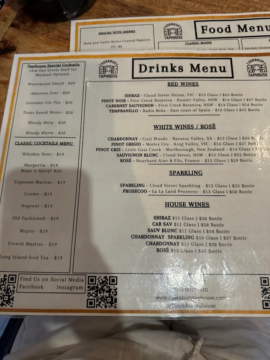 Menu, Thornbury Taphouse