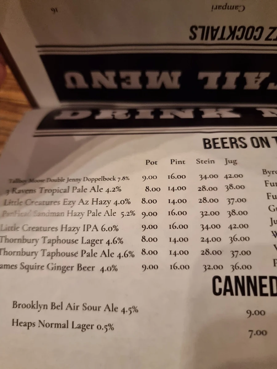 Menu, Thornbury Taphouse