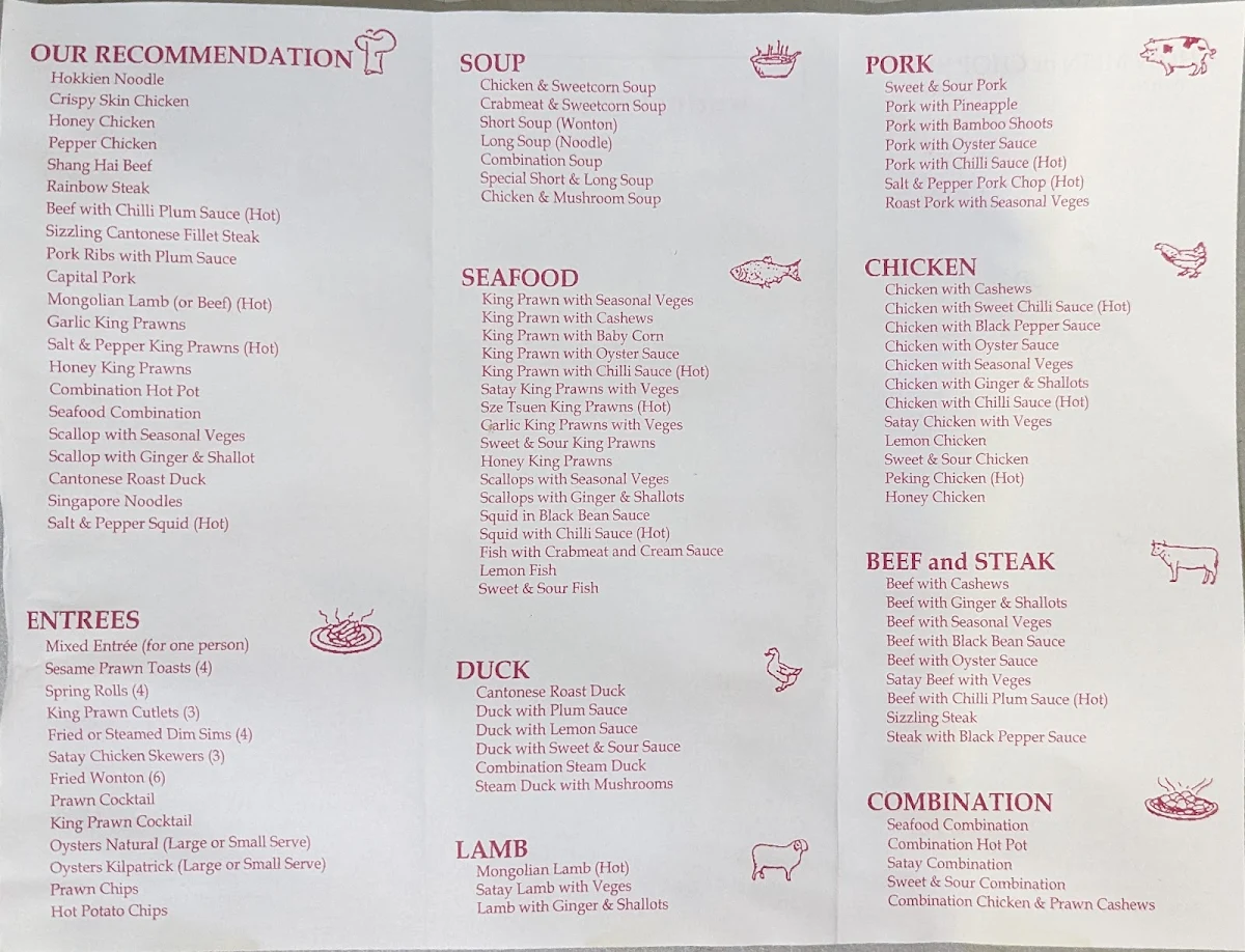 Menu, Red Lantern Chinese Restaurant