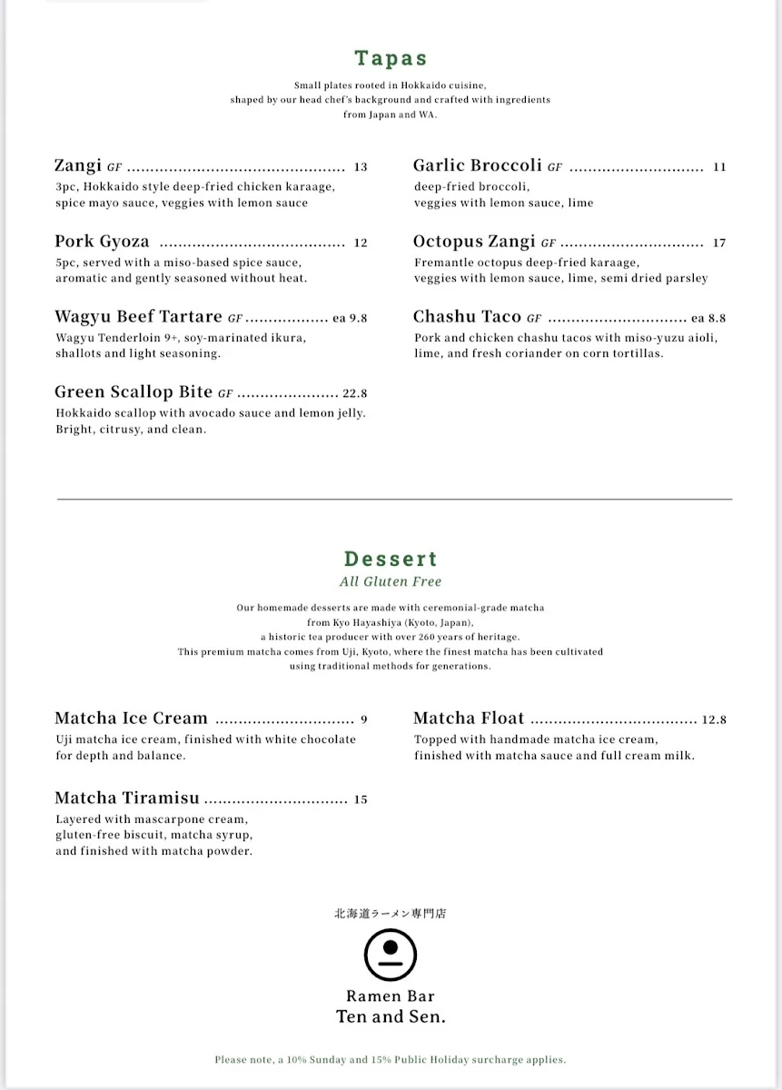 Menu, Ramen Bar Ten and Sen