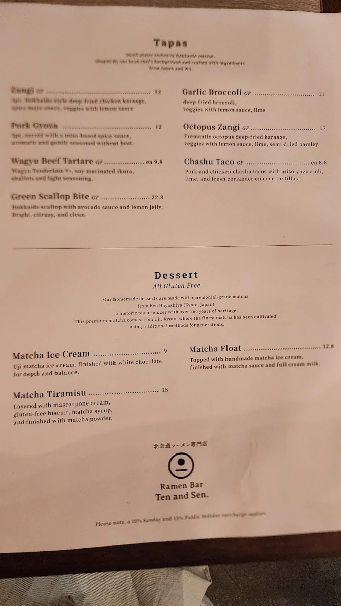 Menu, Ramen Bar Ten and Sen