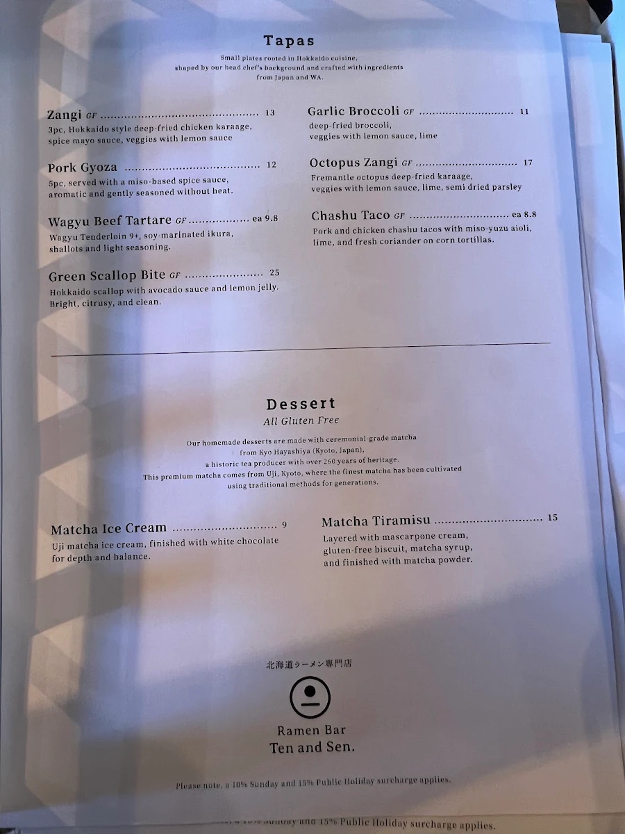 Menu, Ramen Bar Ten and Sen