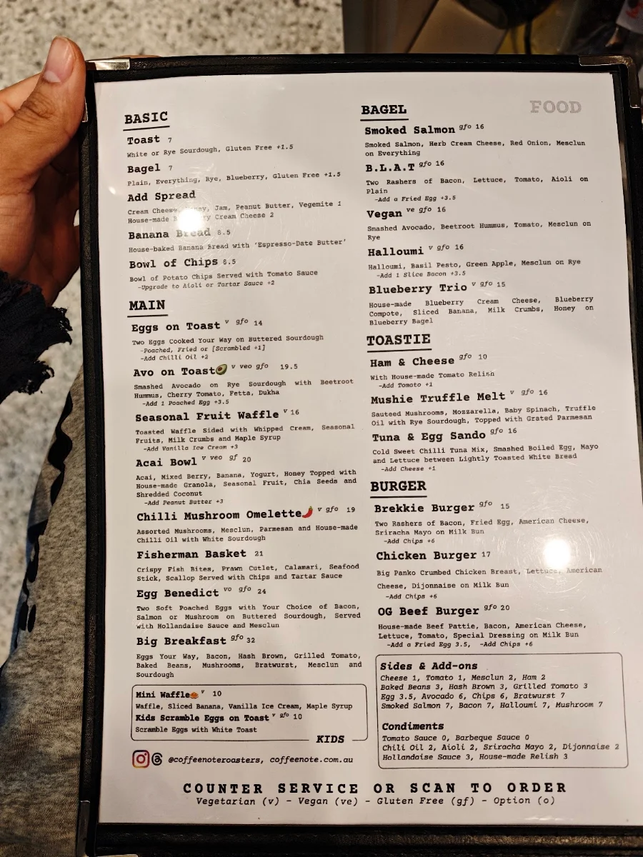 Menu, Coffee Note