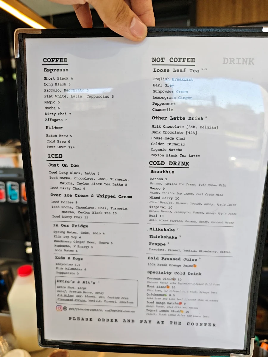 Menu, Coffee Note