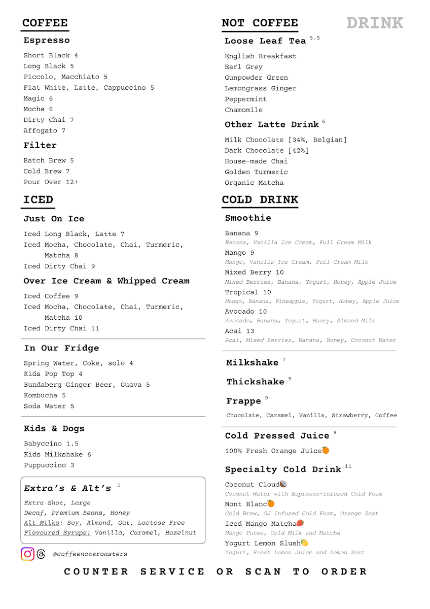 Menu, Coffee Note