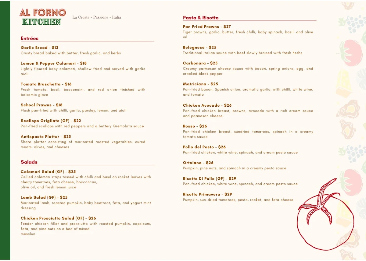 Menu, Al Forno Kitchen
