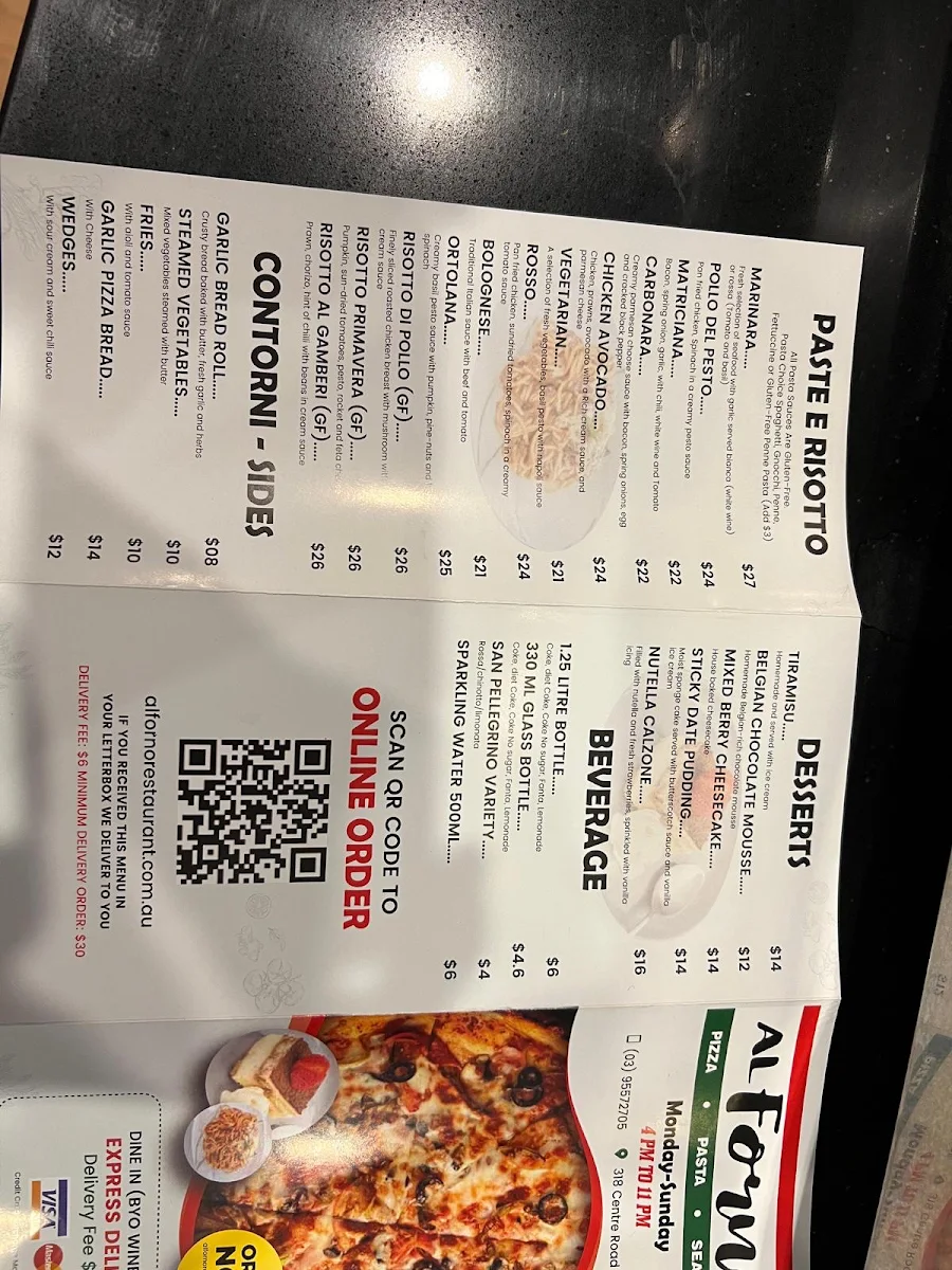 Menu, Al Forno Kitchen