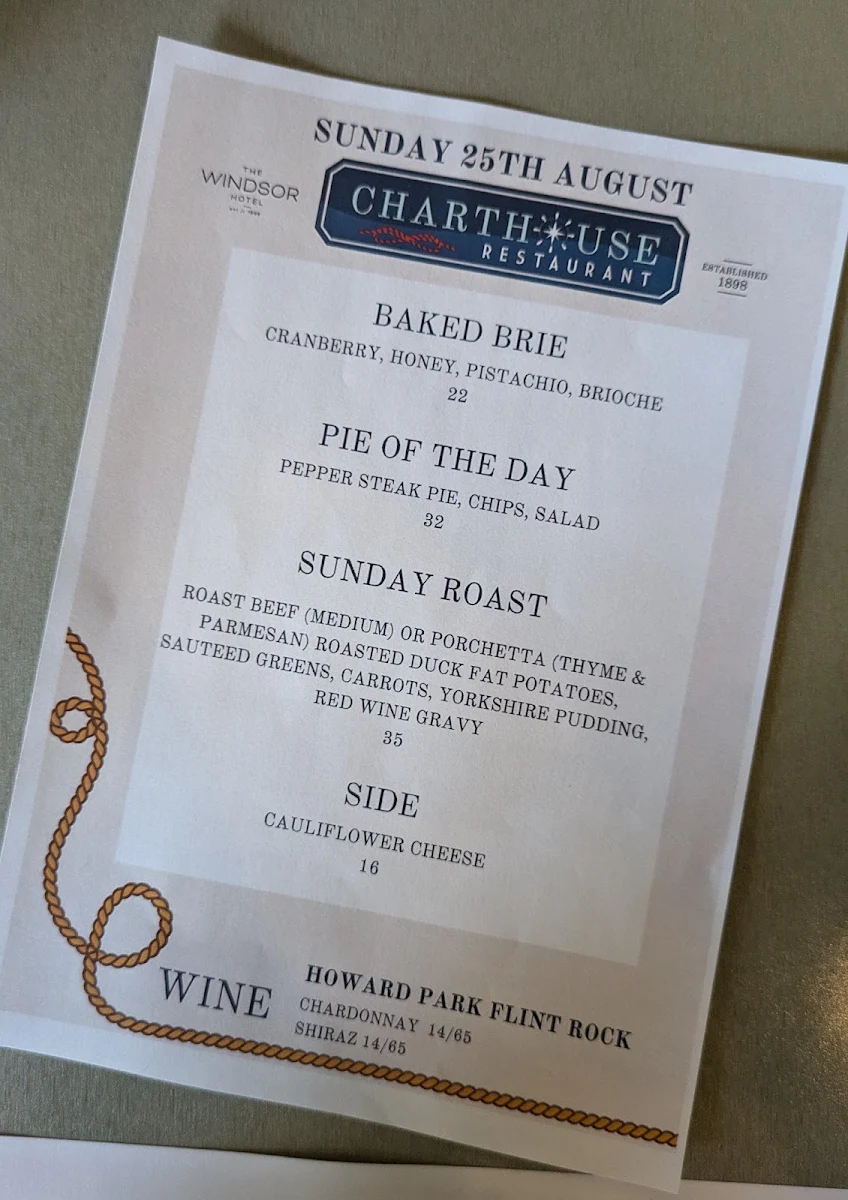 Menu, The Windsor Hotel