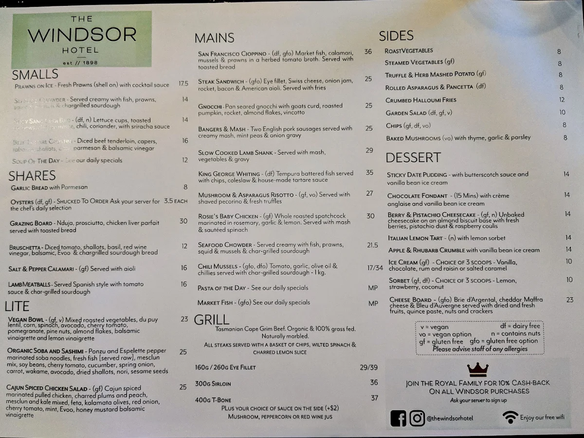 Menu, The Windsor Hotel