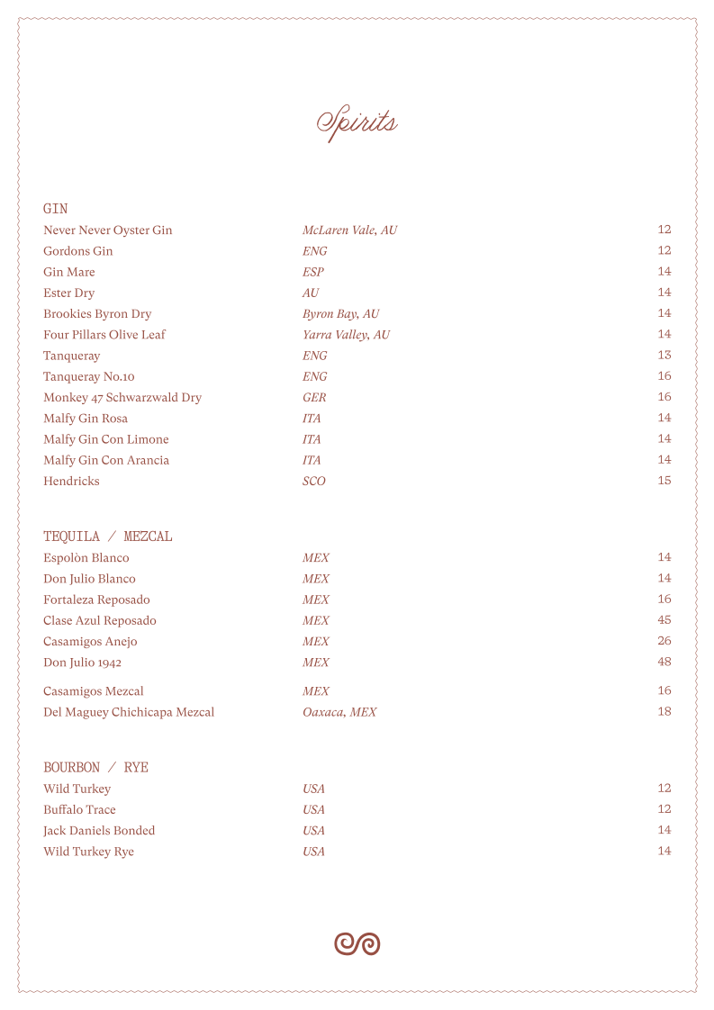 Menu, Benetti's Italian