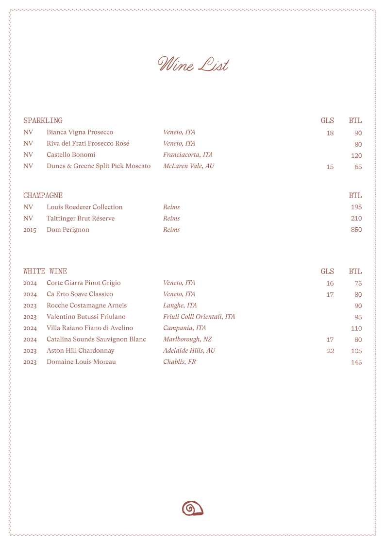 Menu, Benetti's Italian