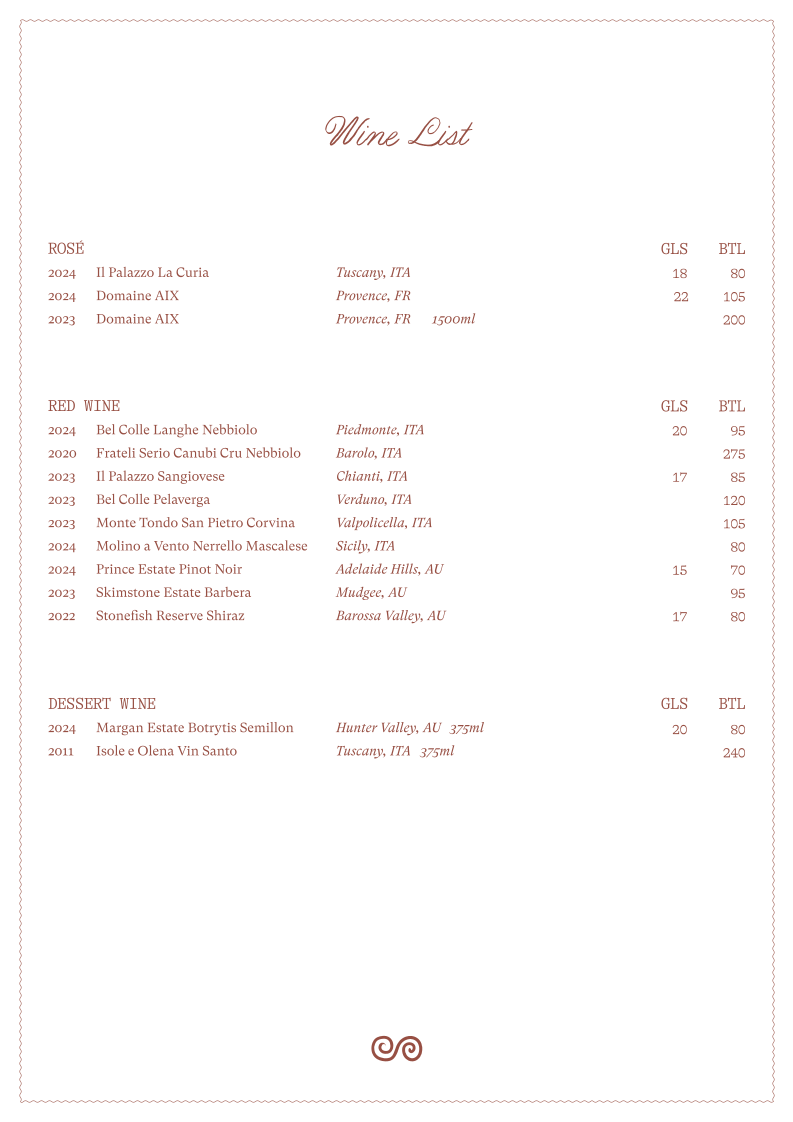 Menu, Benetti's Italian