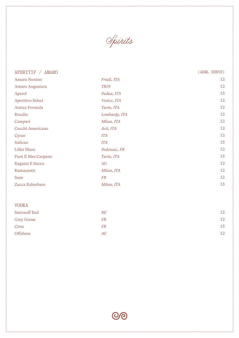 Menu, Benetti's Italian