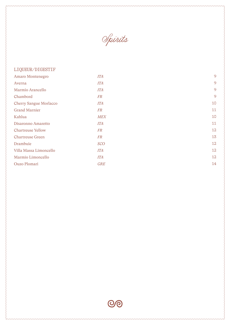 Menu, Benetti's Italian