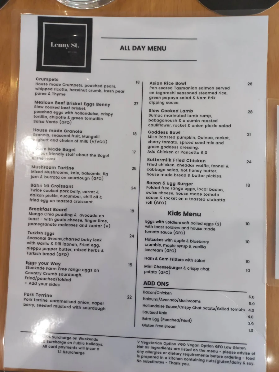 Menu, Lenny St.
