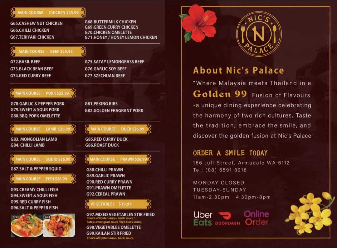 Menu, NIC'S PALACE