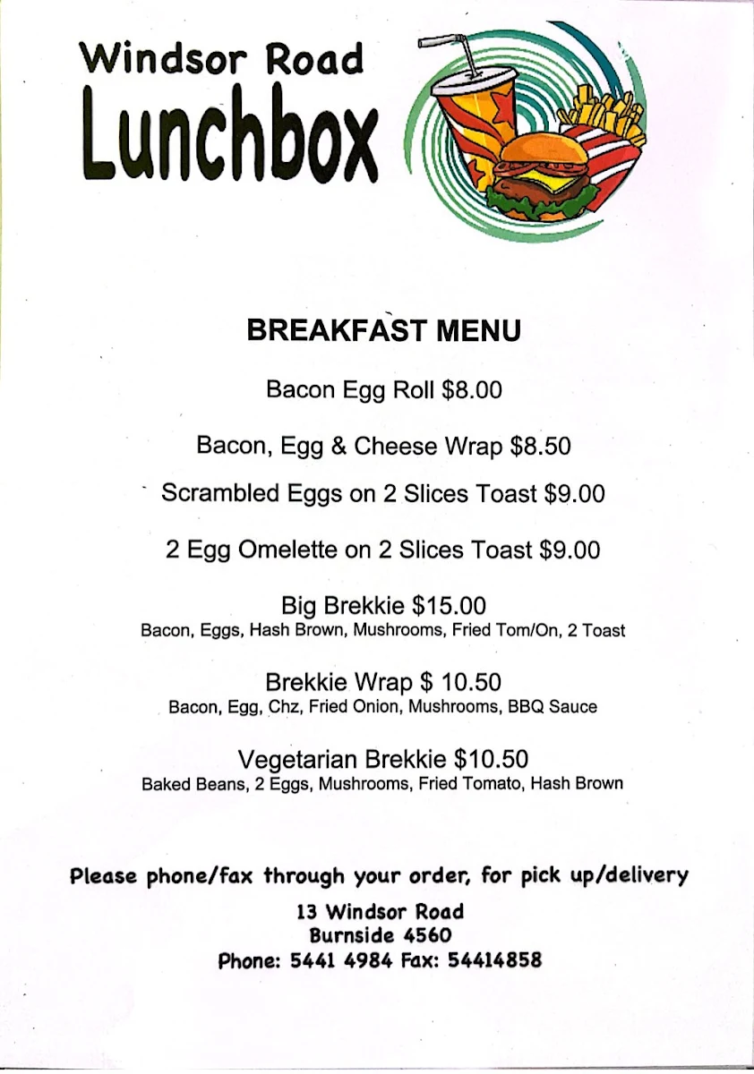 Menu, Windsor Road Lunchbox