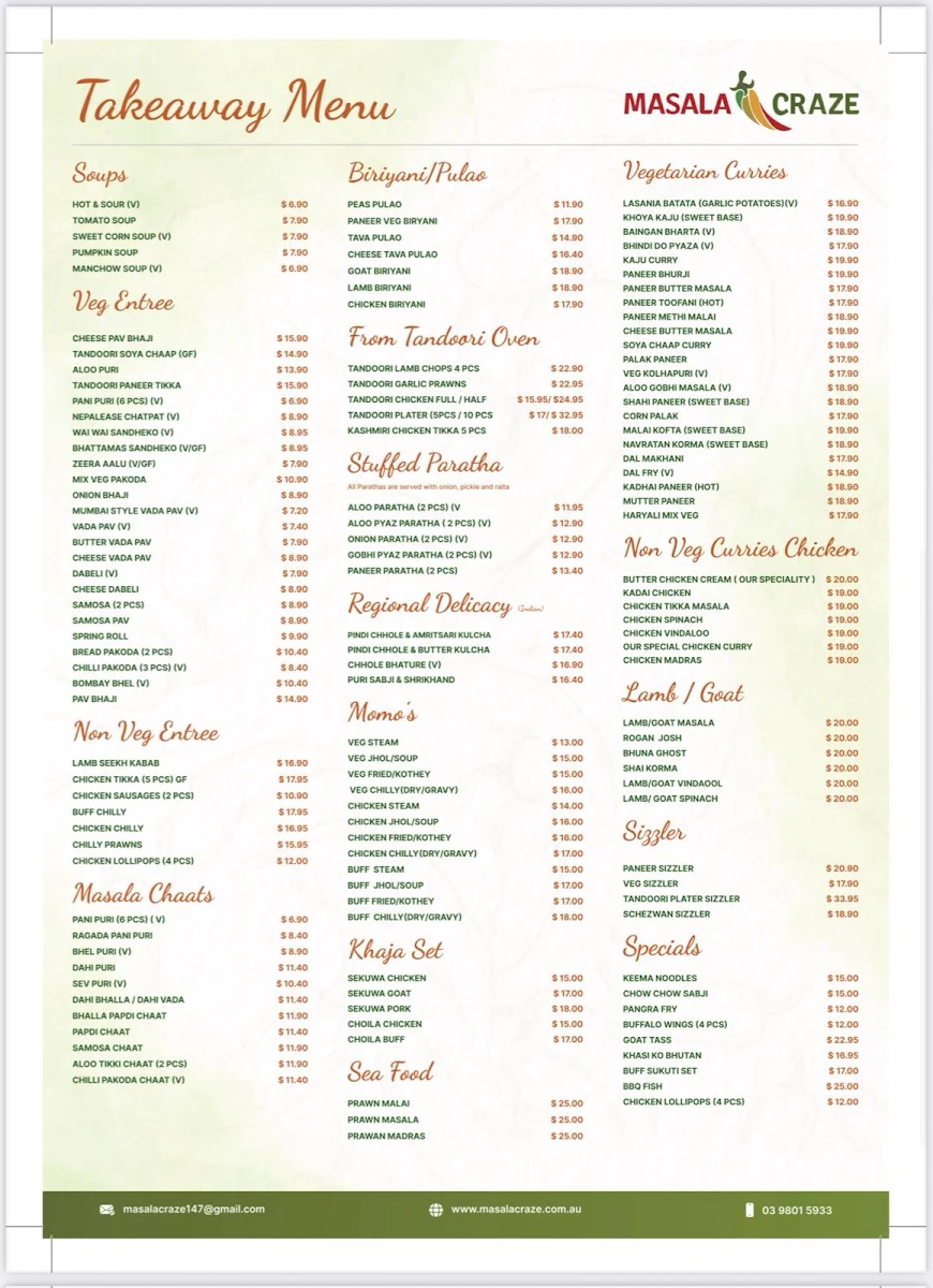Menu, Masala Craze Authentic Nepalese & Indian Restaurant