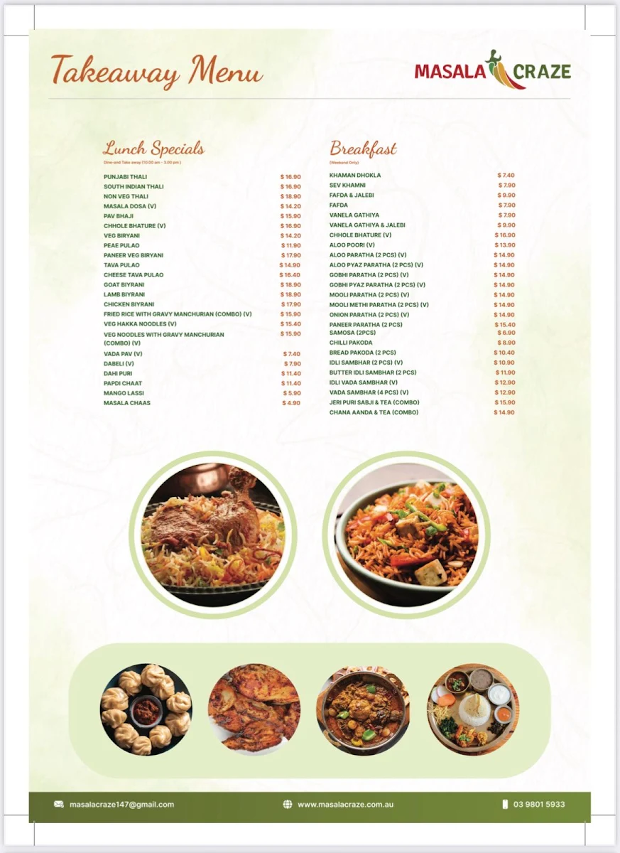 Menu, Masala Craze Authentic Nepalese & Indian Restaurant