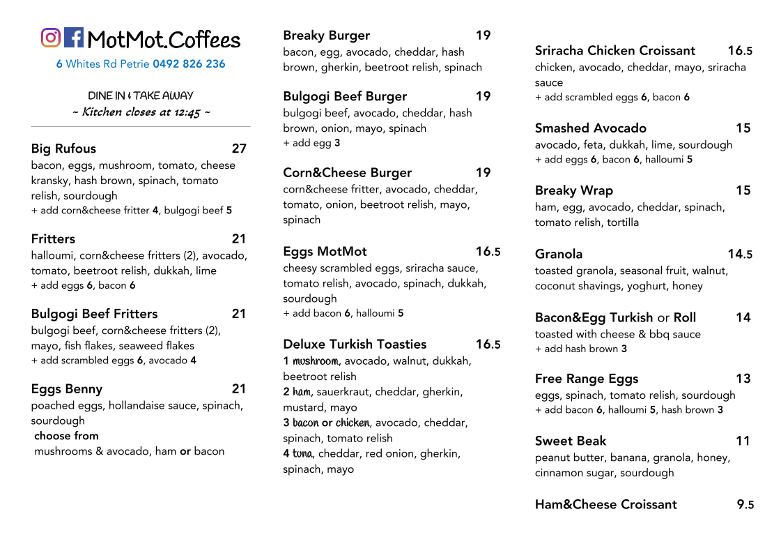 Menu, MotMot - Coffee & Eats