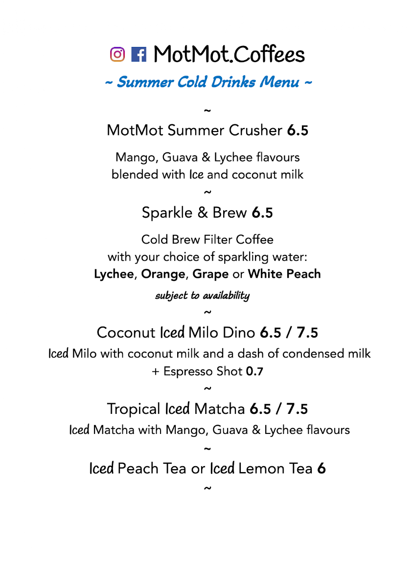 Menu, MotMot - Coffee & Eats
