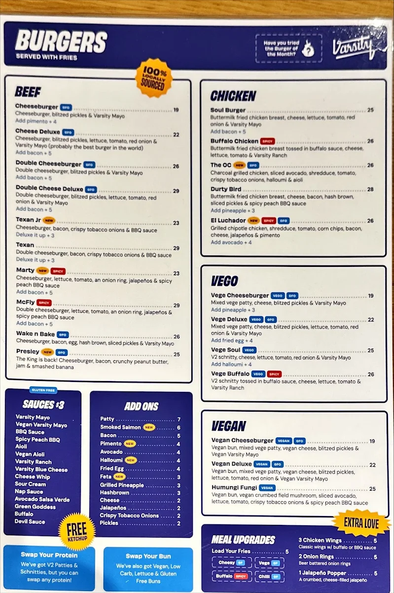 Menu, Varsity Whitfords