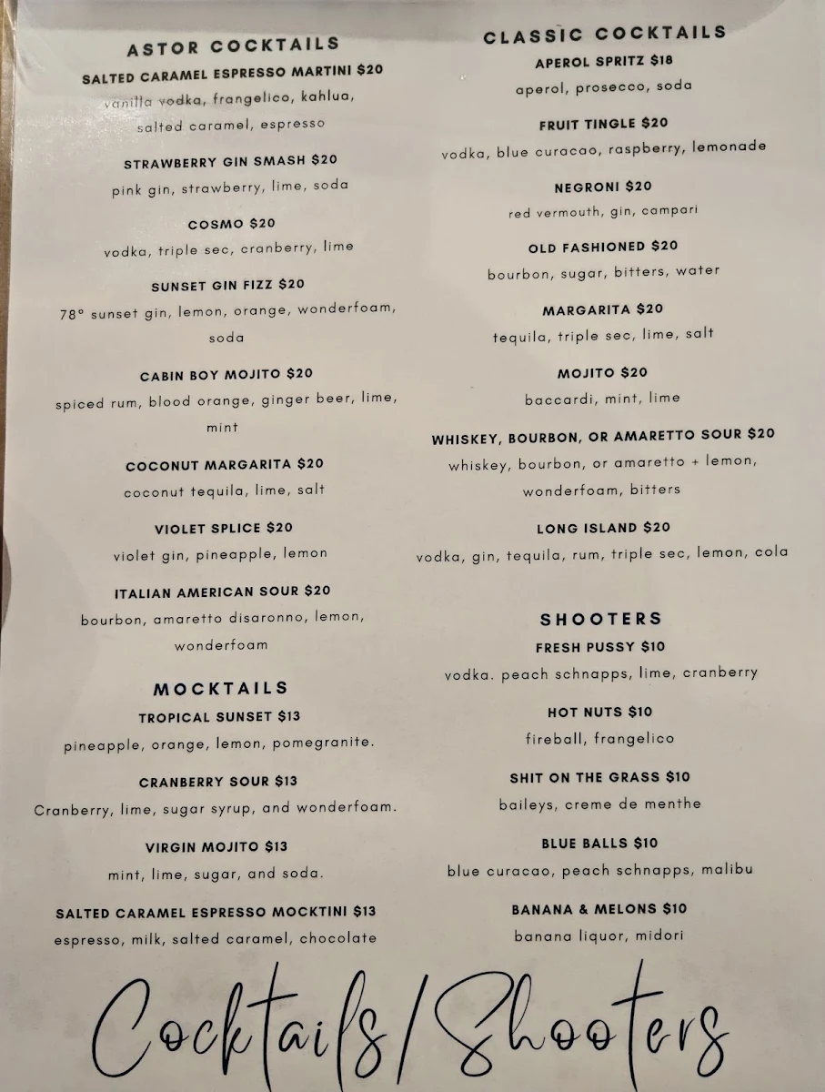 Menu, The Astor Hotel