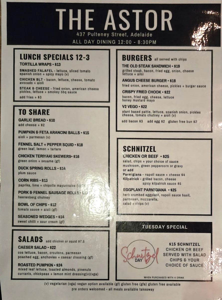 Menu, The Astor Hotel