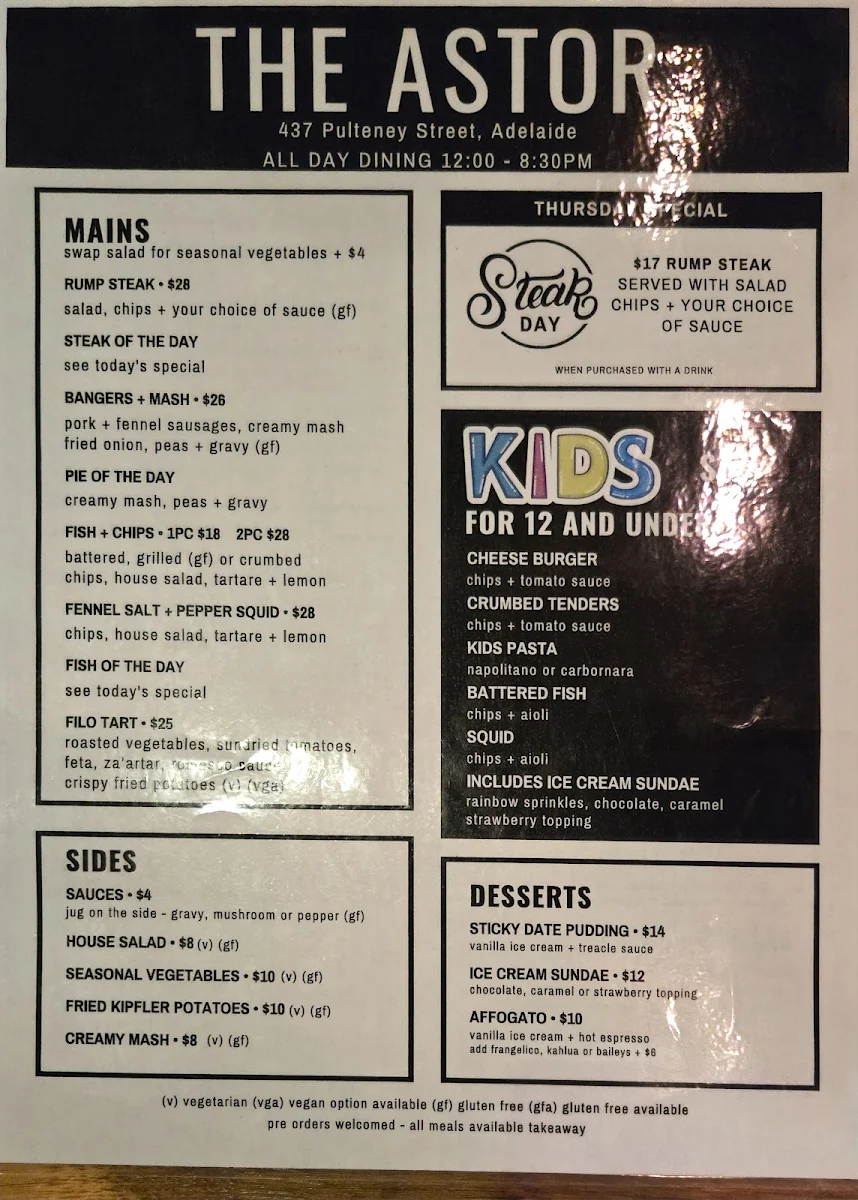 Menu, The Astor Hotel