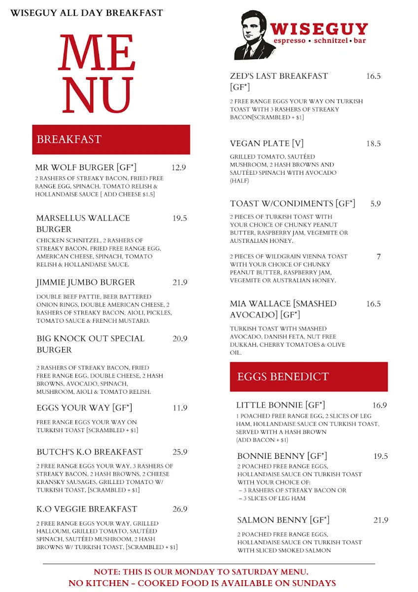 Menu, Wiseguy Espresso And Schnitzel Bar