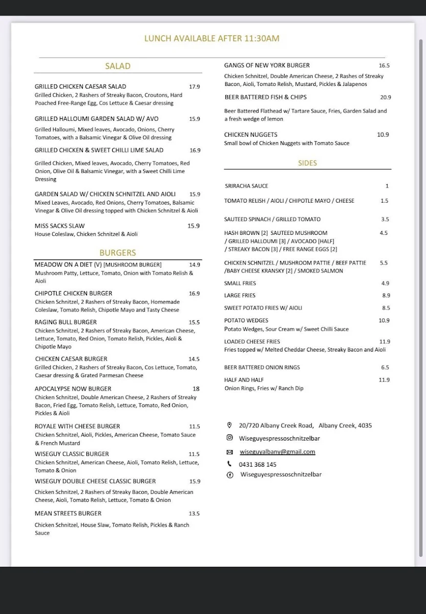 Menu, Wiseguy Espresso And Schnitzel Bar