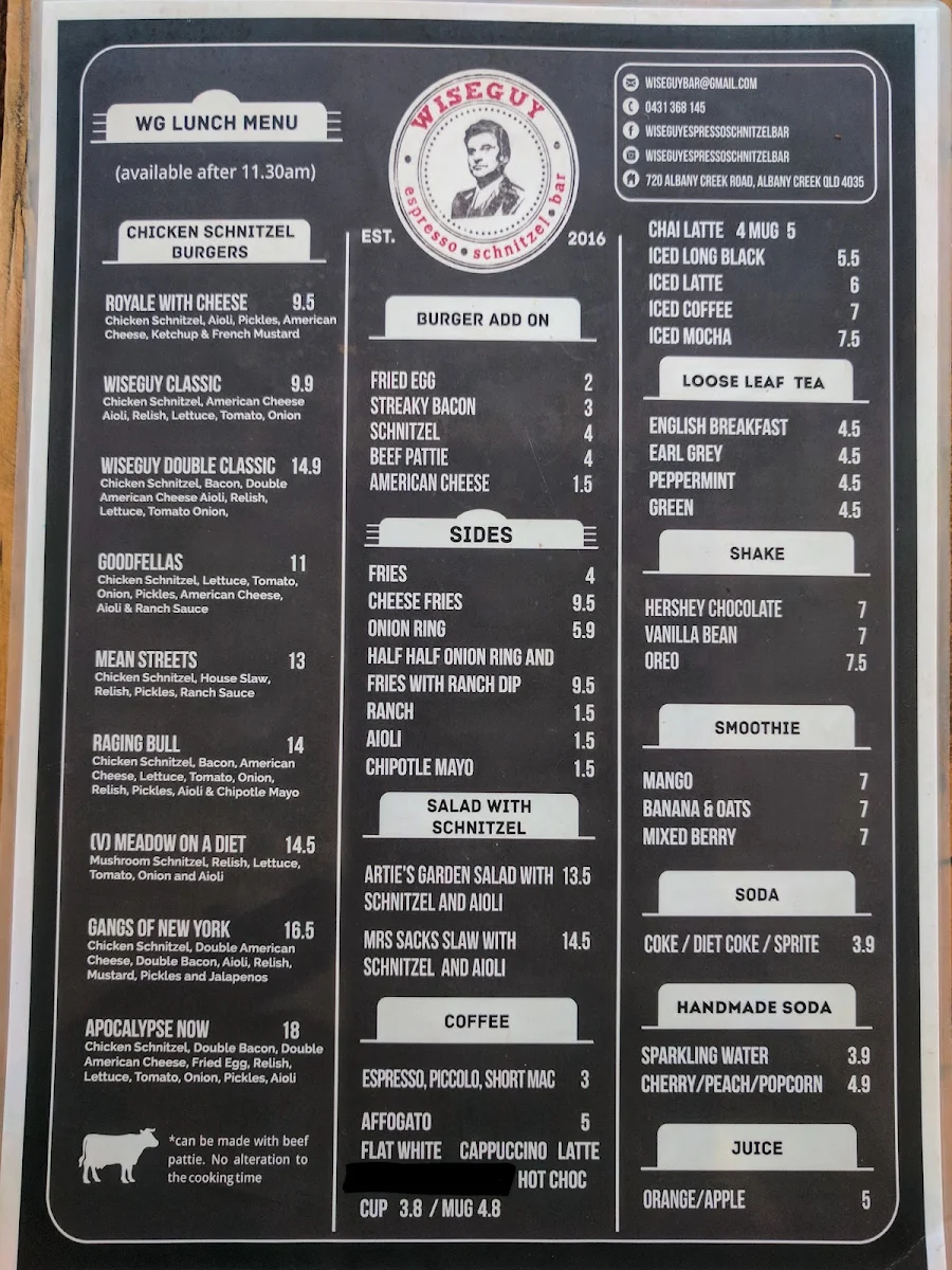 Menu, Wiseguy Espresso And Schnitzel Bar