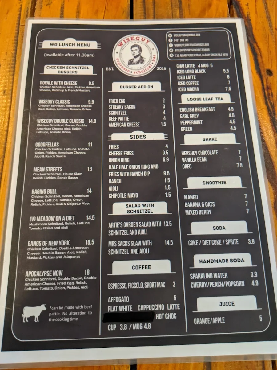 Menu, Wiseguy Espresso And Schnitzel Bar