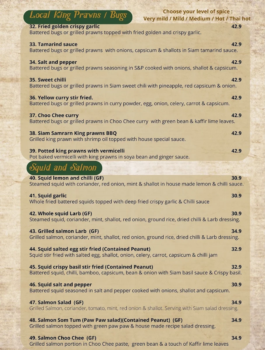 Menu, Siam Samrarn Thai Restaurant Maroochydore Sunshine Coast