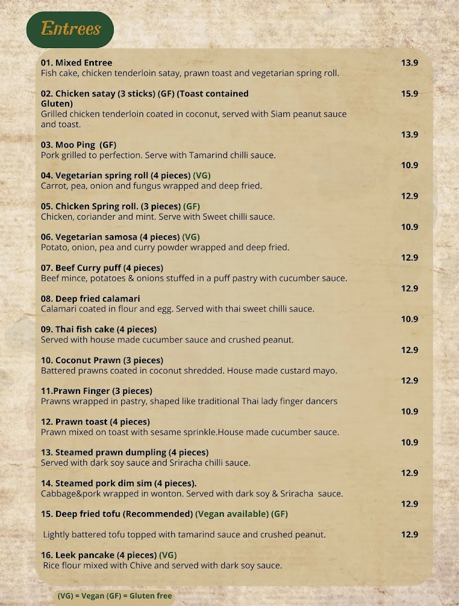 Menu, Siam Samrarn Thai Restaurant Maroochydore Sunshine Coast