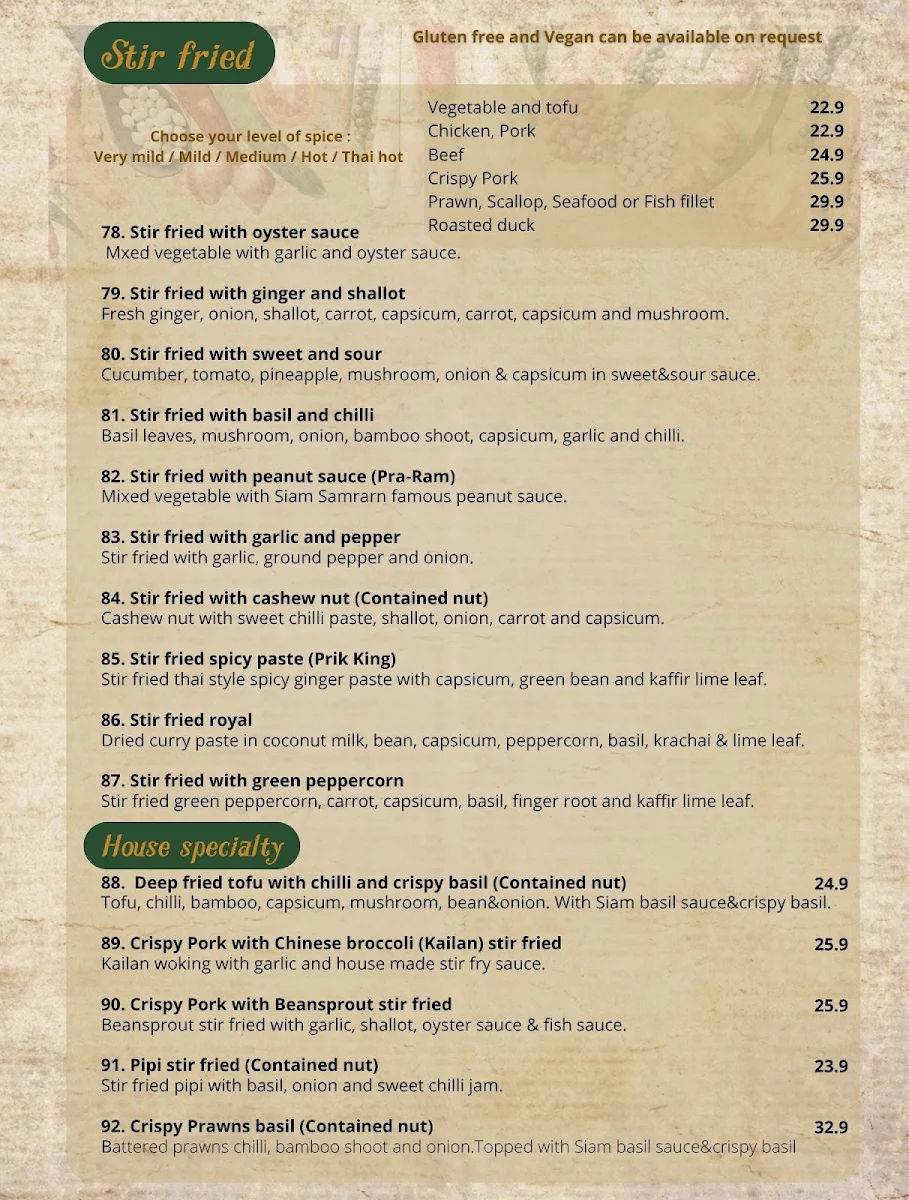 Menu, Siam Samrarn Thai Restaurant Maroochydore Sunshine Coast