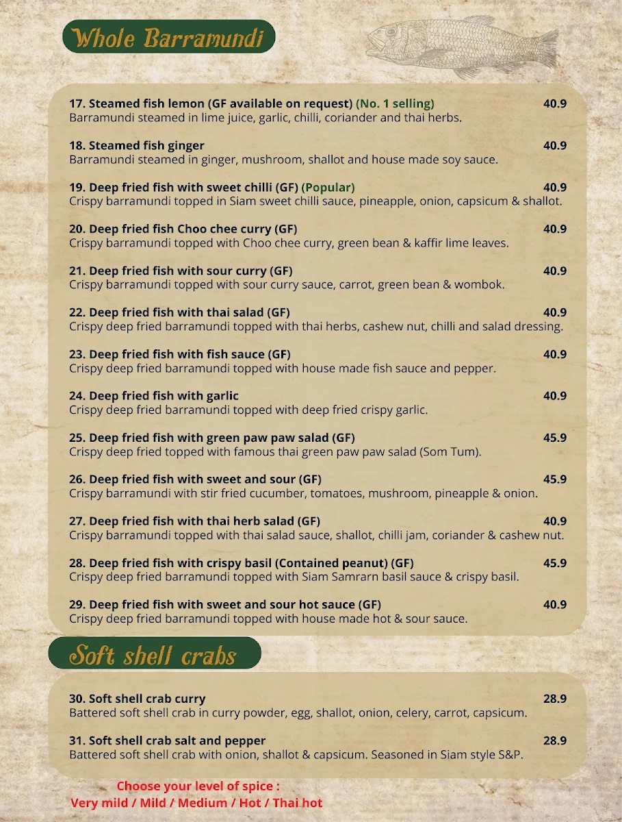 Menu, Siam Samrarn Thai Restaurant Maroochydore Sunshine Coast
