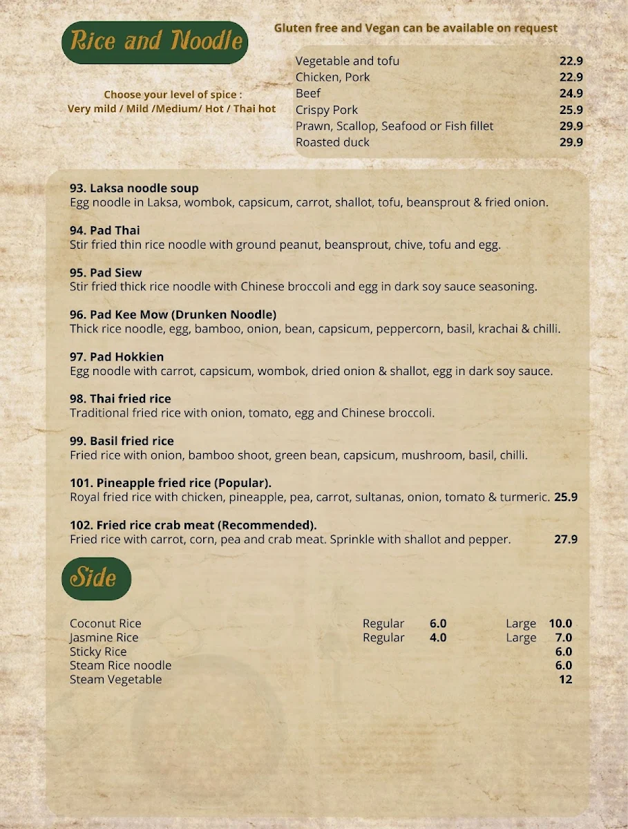 Menu, Siam Samrarn Thai Restaurant Maroochydore Sunshine Coast