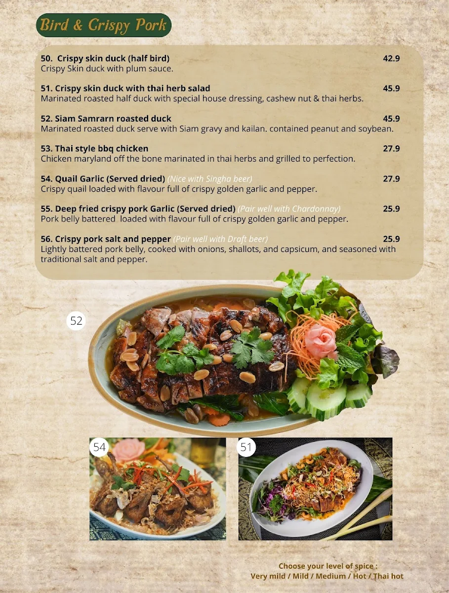 Menu, Siam Samrarn Thai Restaurant Maroochydore Sunshine Coast