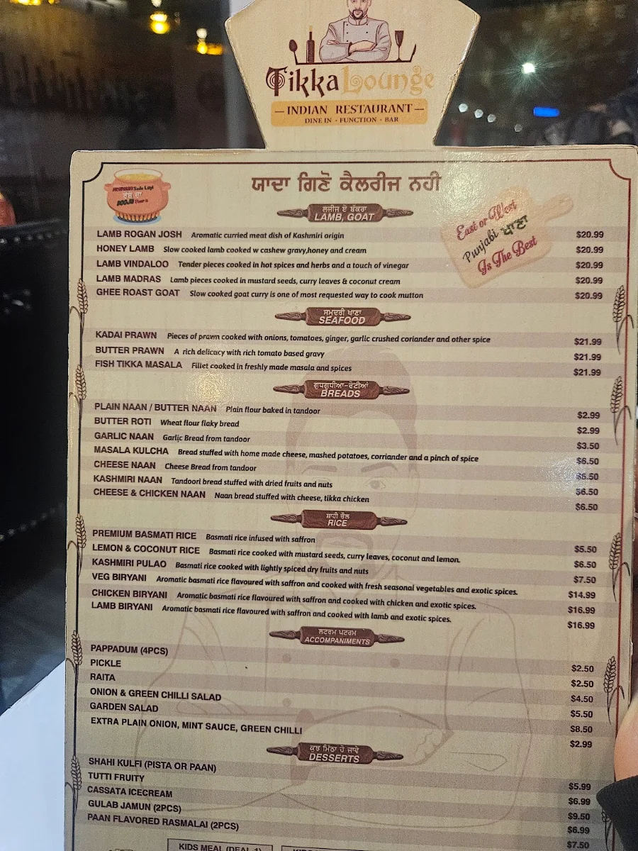 Menu, Tikka Lounge Indian Restaurant and Bar
