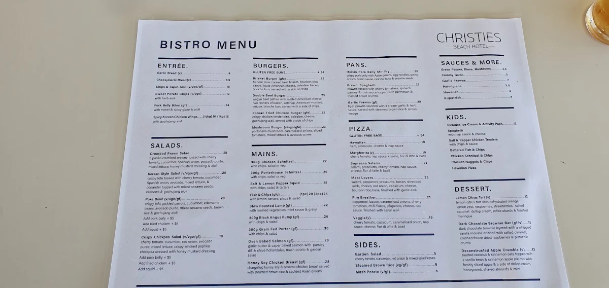 Menu, Christies Beach Hotel