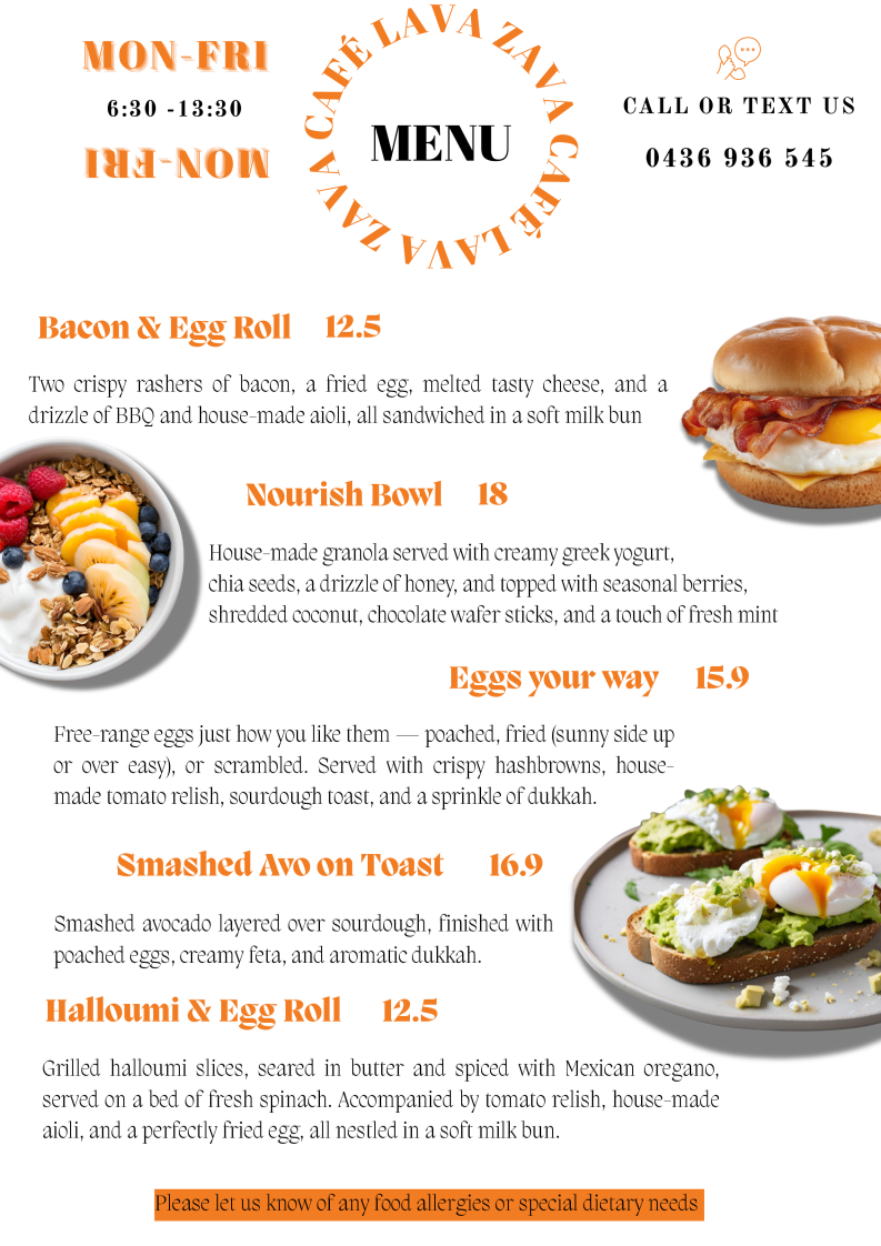 Menu, Lava Zava Tuggerah