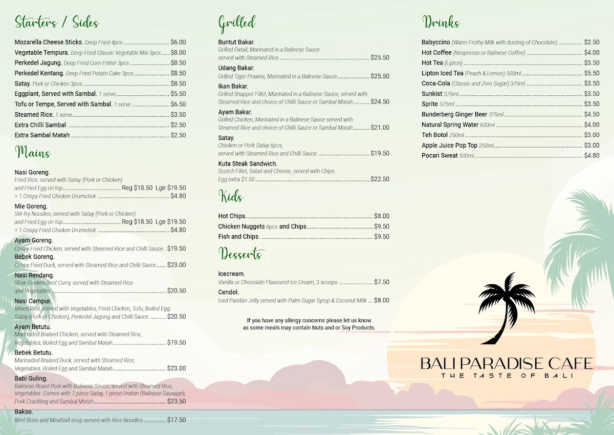 Menu, Bali Paradise Cafe