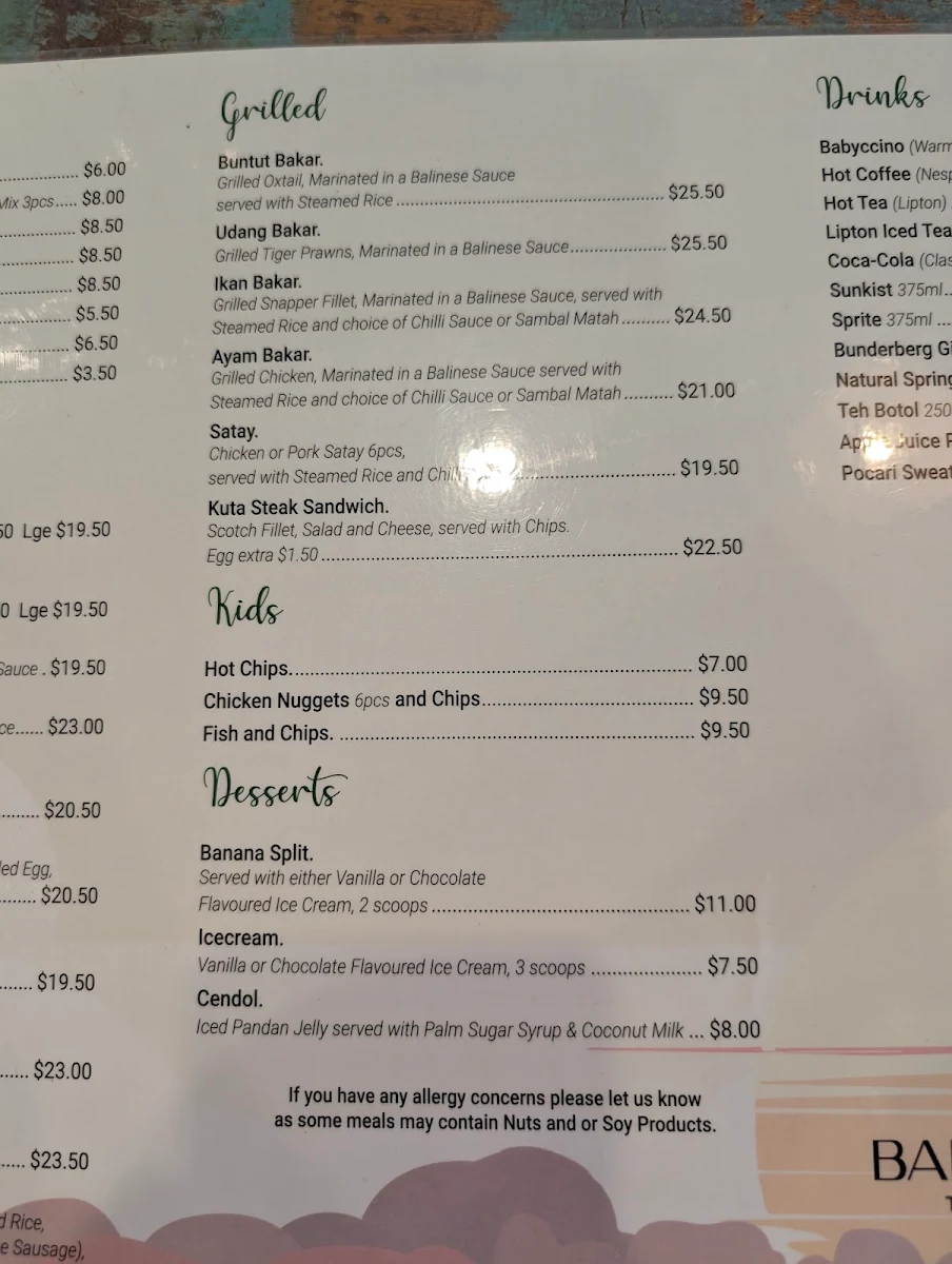 Menu, Bali Paradise Cafe