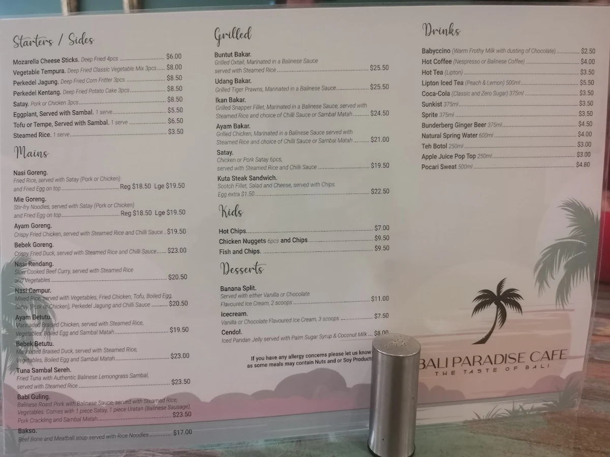 Menu, Bali Paradise Cafe