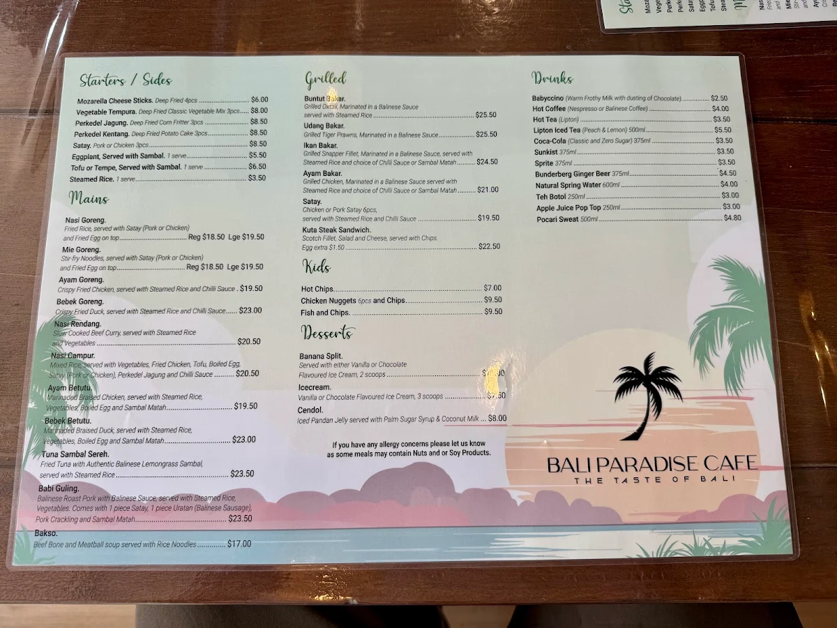 Menu, Bali Paradise Cafe
