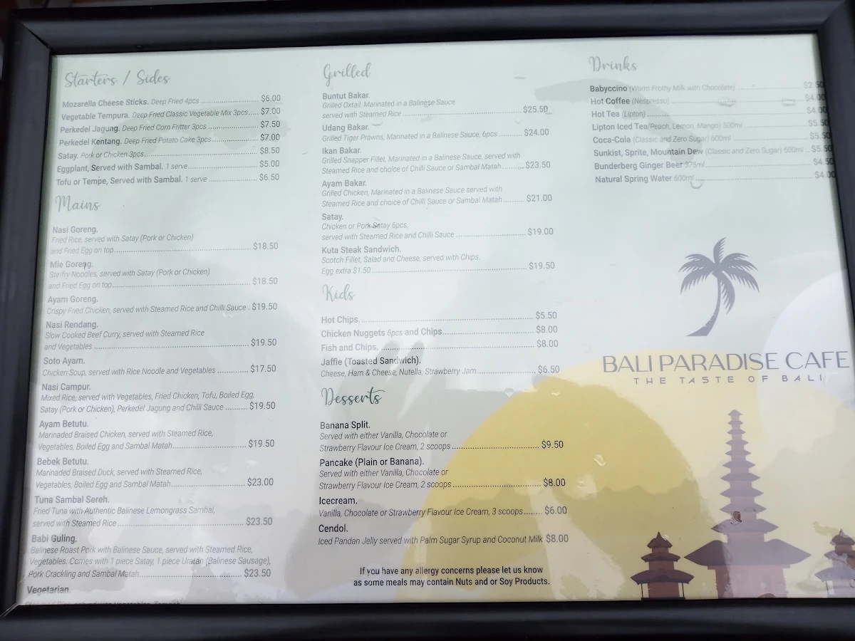Menu, Bali Paradise Cafe