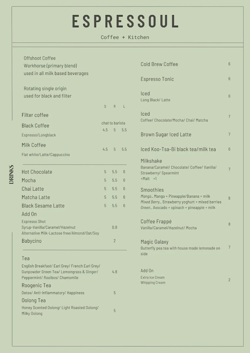 Menu, Espressoul Coffee & Kitchen